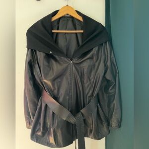 Black bison leather jacket with hood and belt